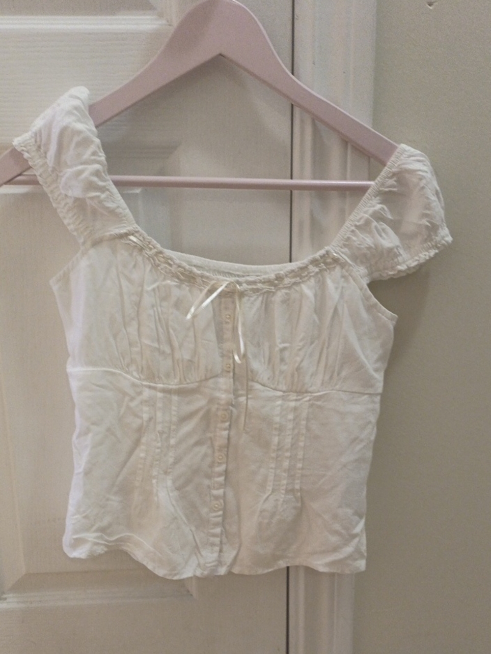 Hollister White Off-Shoulder Button Front Peasant Top
